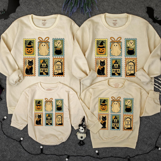 Vintage Halloween Stamp Sweatshirt Trick or Treat Ghost Jack-o'-Lantern Crewneck Spooky Season Outfit