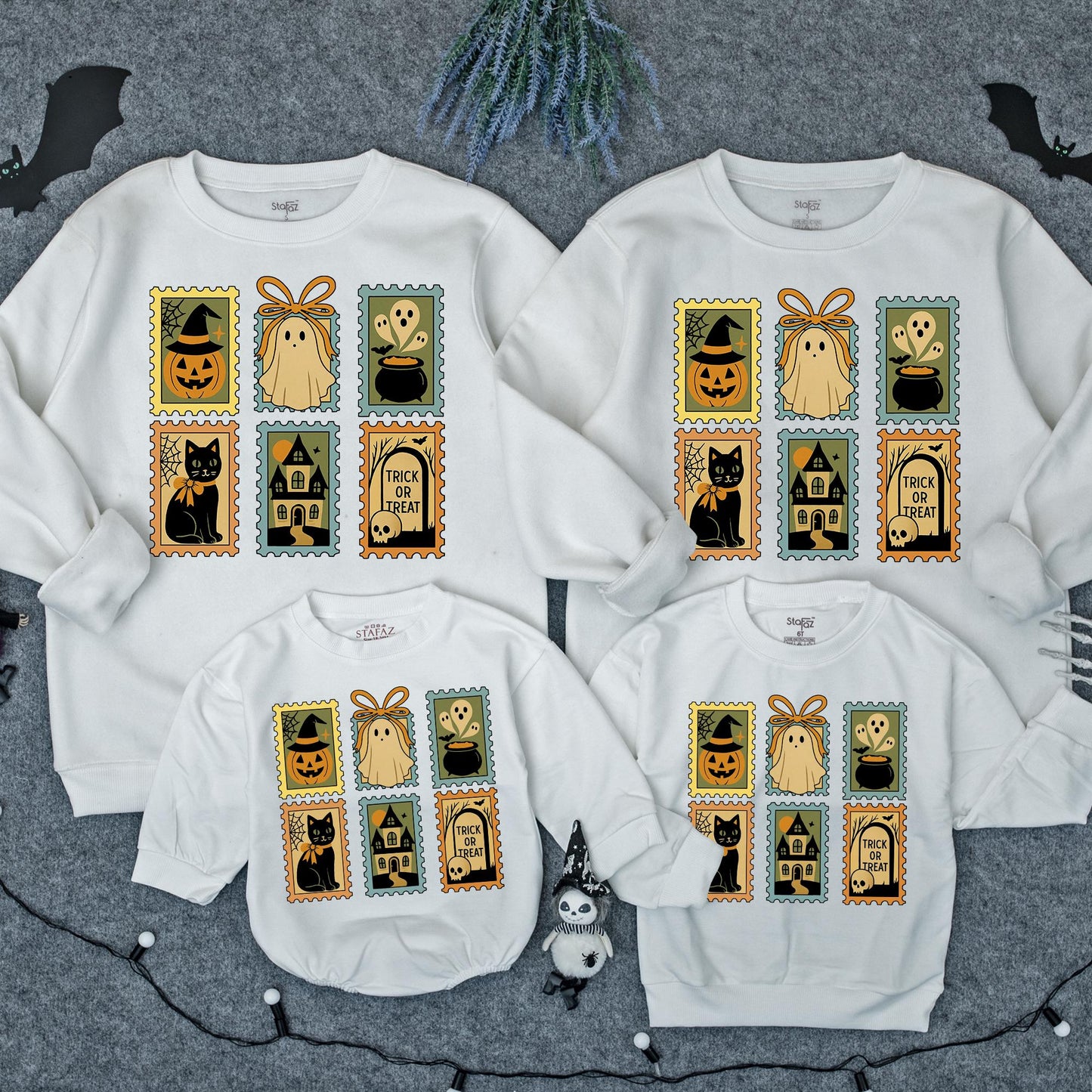 Vintage Halloween Stamp Sweatshirt Trick or Treat Ghost Jack-o'-Lantern Crewneck Spooky Season Outfit
