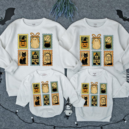 Vintage Halloween Stamp Sweatshirt Trick or Treat Ghost Jack-o'-Lantern Crewneck Spooky Season Outfit