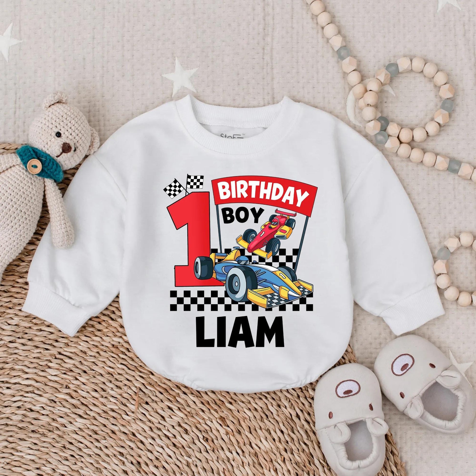 Liam's 1st Birthday Racing Romper: Custom Race Car Outfit for Birthday Boy, Checkered Flag Bodysuit, Colorful First Birthday Party Clothes (138 chars)