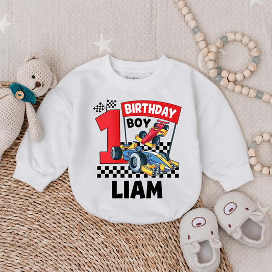 Liam's 1st Birthday Racing Romper: Custom Race Car Outfit for Birthday Boy, Checkered Flag Bodysuit, Colorful First Birthday Party Clothes (138 chars)