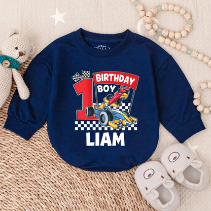 Liam's 1st Birthday Racing Romper: Custom Race Car Outfit for Birthday Boy, Checkered Flag Bodysuit, Colorful First Birthday Party Clothes (138 chars)