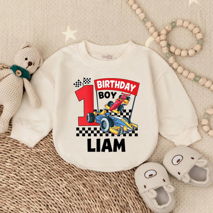 Liam's 1st Birthday Racing Romper: Custom Race Car Outfit for Birthday Boy, Checkered Flag Bodysuit, Colorful First Birthday Party Clothes (138 chars)