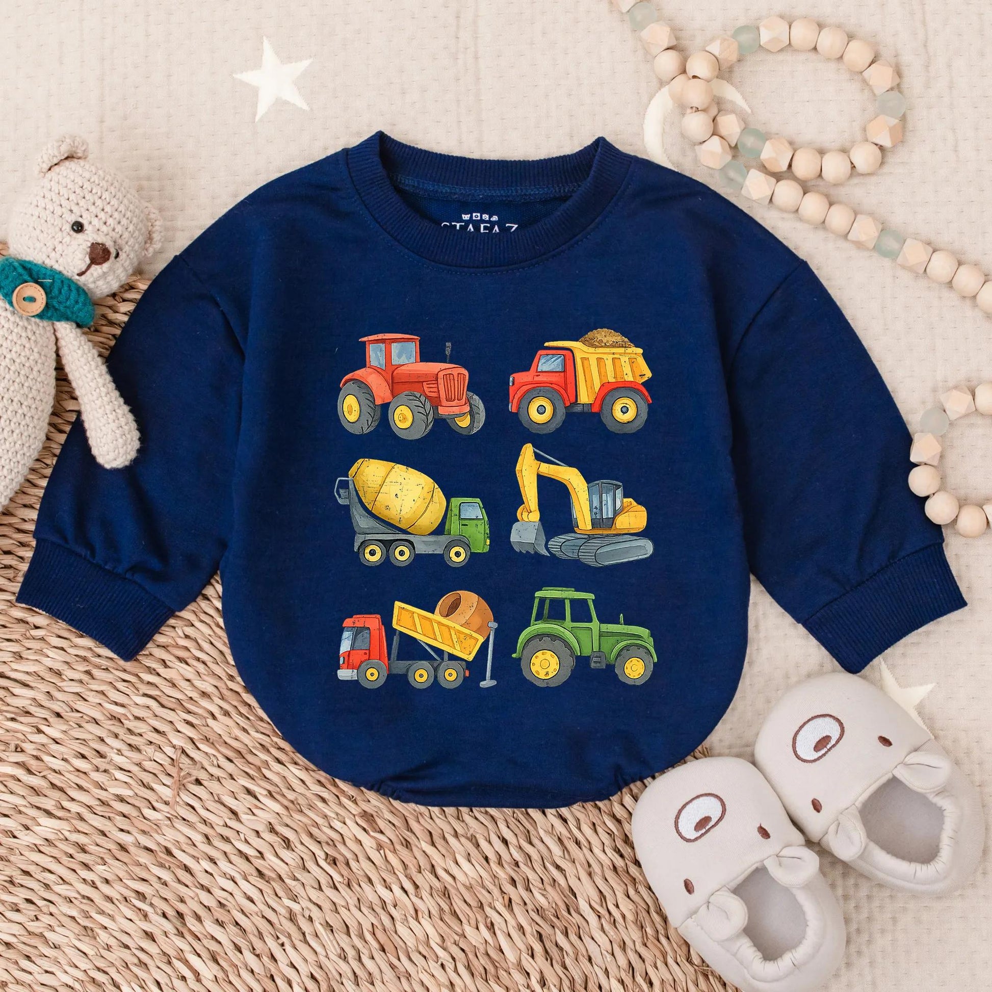Construction Vehicle Baby Romper Toddler Boy Bubble Outfit Excavator Lover Gift Bright Cartoon Style
