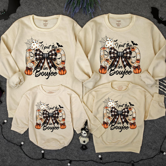 I Put The Boo in Boujee Halloween Sweatshirt, Plaid Bow Pumpkins & Spooky Ghosts, Gothic Toddler Sweater, Spooky Vibes Baby Outfit Romper