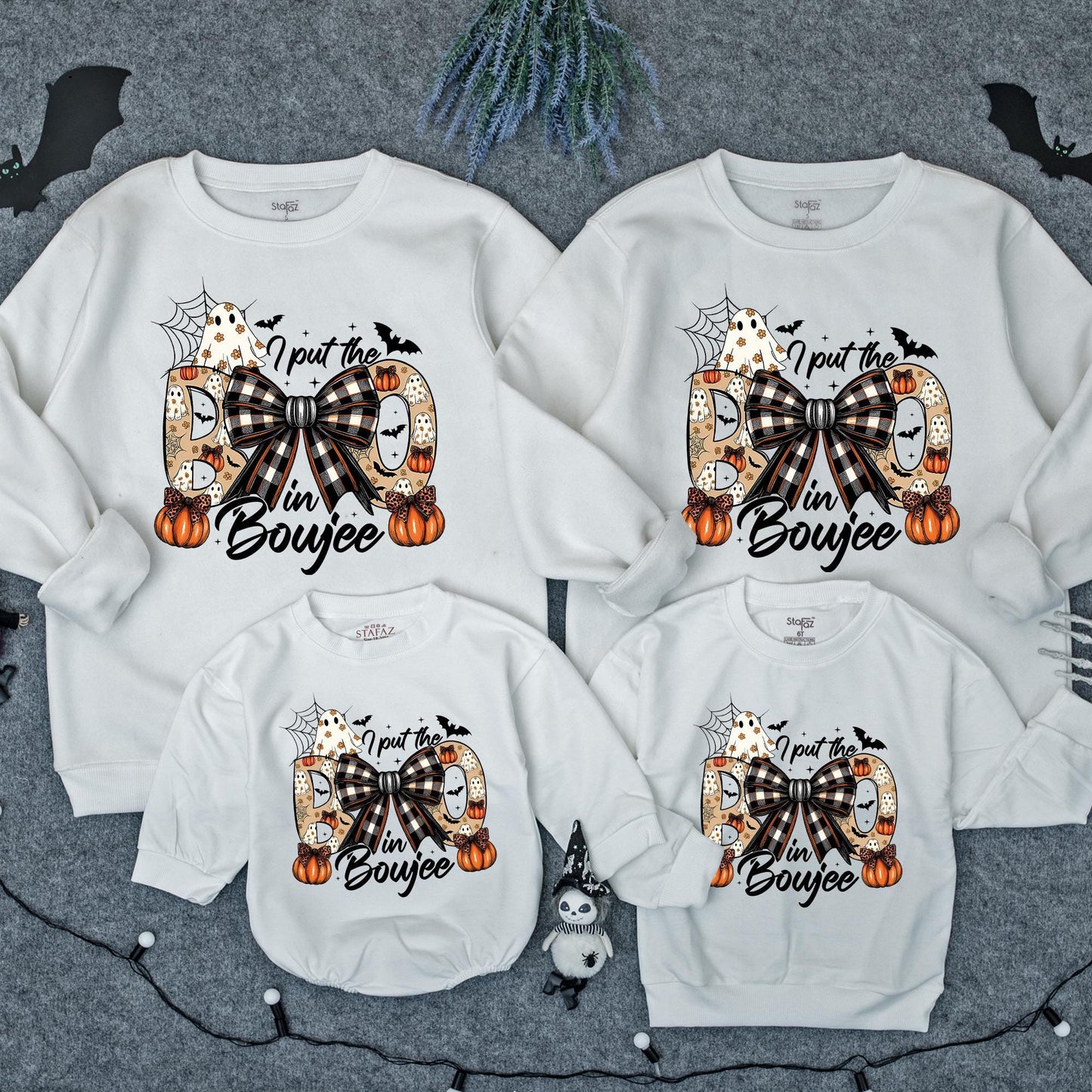 I Put The Boo in Boujee Halloween Sweatshirt, Plaid Bow Pumpkins & Spooky Ghosts, Gothic Toddler Sweater, Spooky Vibes Baby Outfit Romper