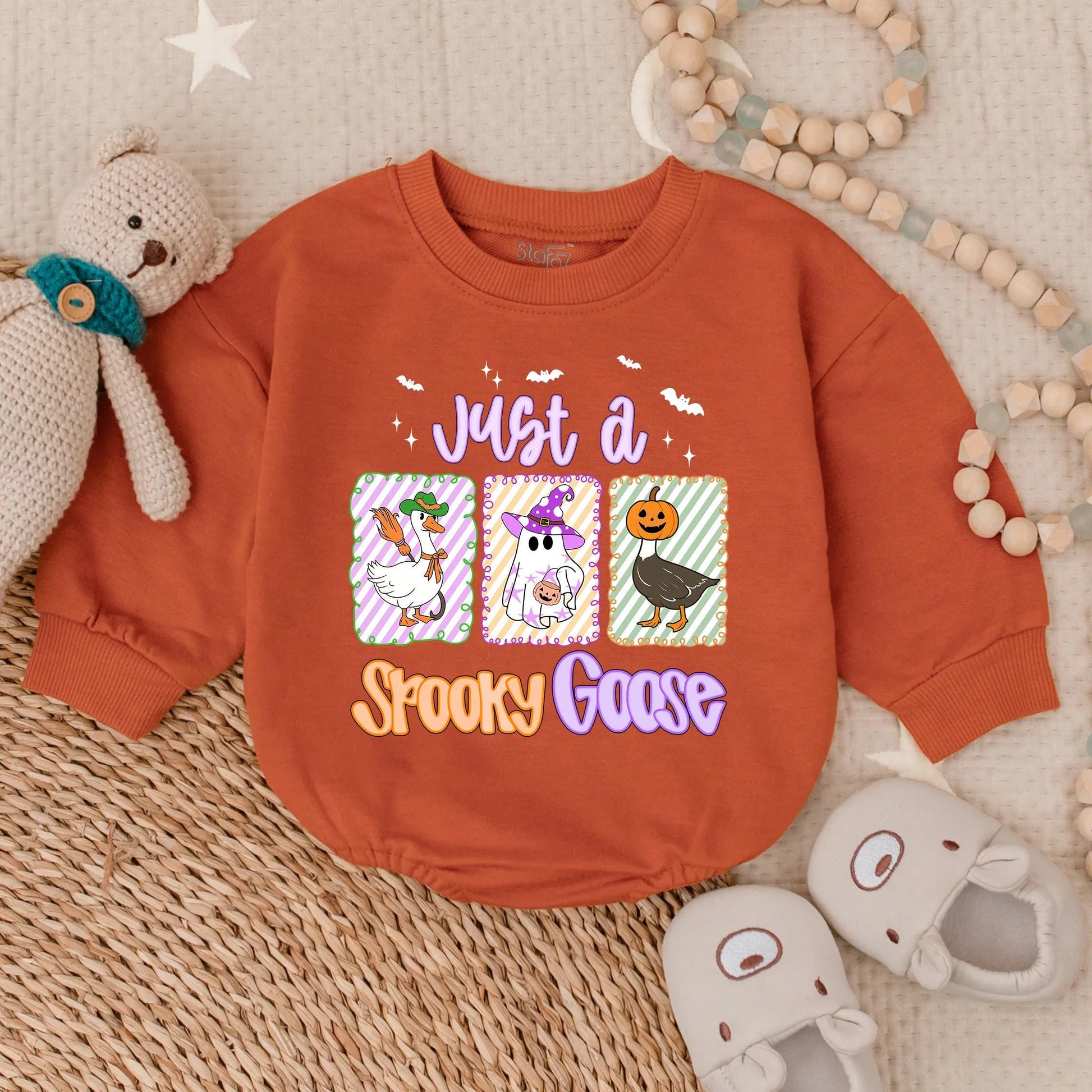 Just a Spooky Goose Halloween Baby Romper, Funny Infant Outfit, Bat Stars & Goose Illustrations, Cute Fall Bodysuit, Toddler Gift