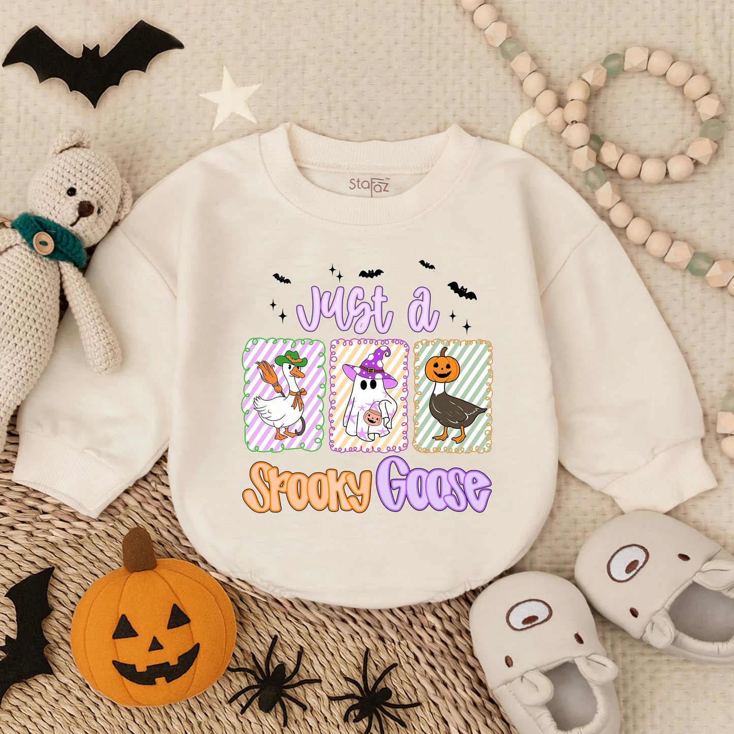 Just a Spooky Goose Halloween Baby Romper, Funny Infant Outfit, Bat Stars & Goose Illustrations, Cute Fall Bodysuit, Toddler Gift