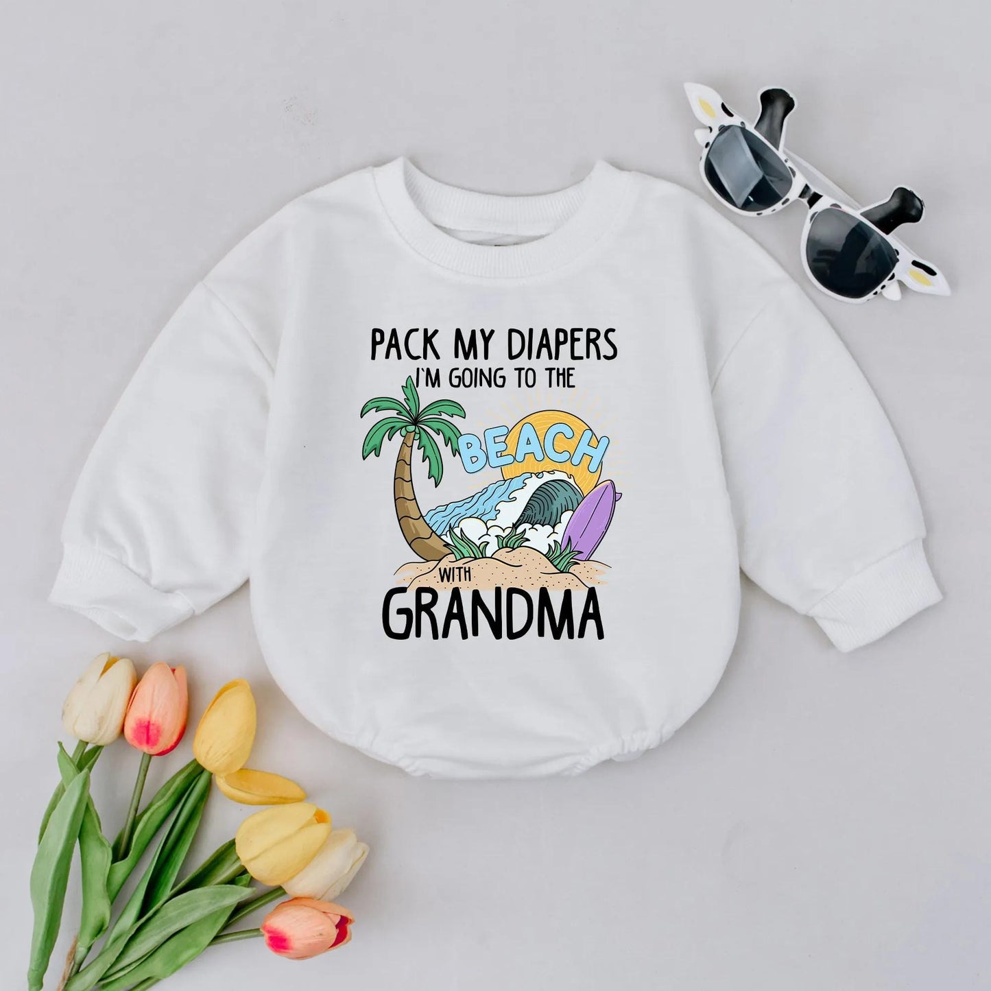 Beach Bound Baby Romper: Pack My Diapers, Grandma! Cartoon Palm Tree Surfboard Outfit, Funny Summer Vacation Clothes, Adorable Infant Gift, Playful Style (138 chars)