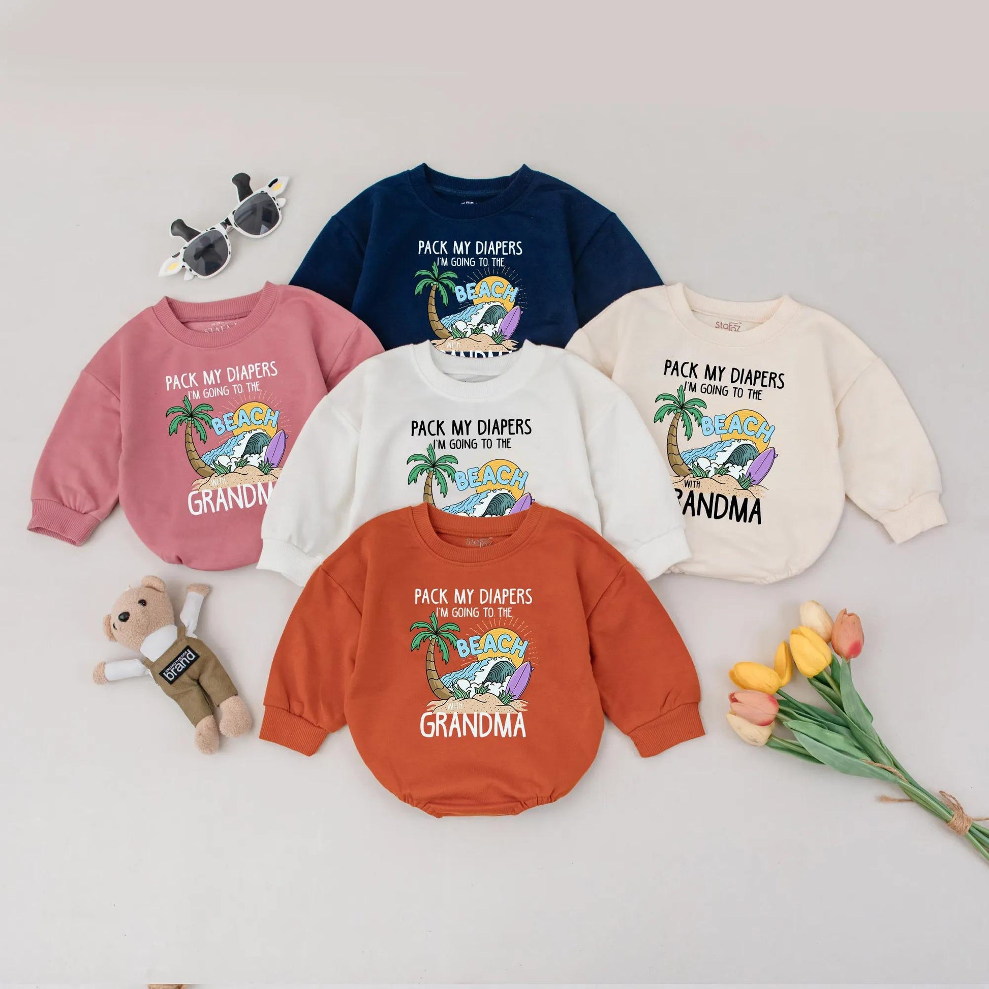 Beach Bound Baby Romper: Pack My Diapers, Grandma! Cartoon Palm Tree Surfboard Outfit, Funny Summer Vacation Clothes, Adorable Infant Gift, Playful Style (138 chars)