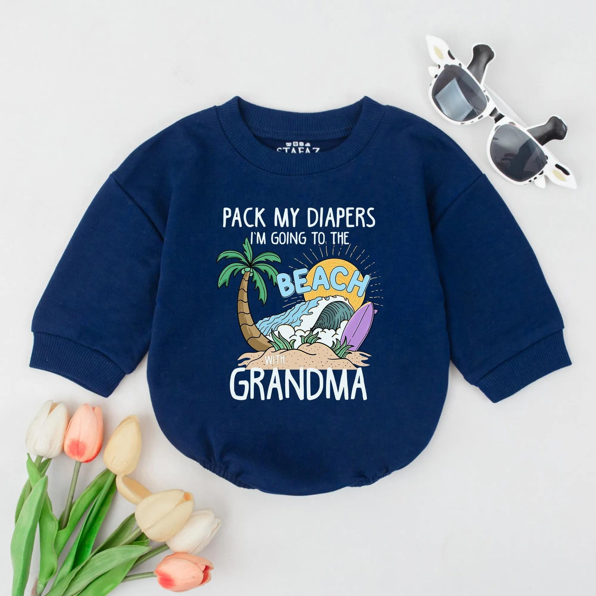 Beach Bound Baby Romper: Pack My Diapers, Grandma! Cartoon Palm Tree Surfboard Outfit, Funny Summer Vacation Clothes, Adorable Infant Gift, Playful Style (138 chars)