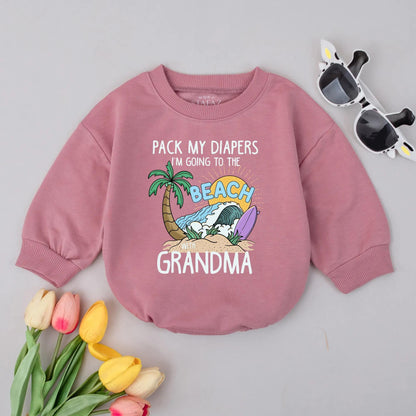 Beach Bound Baby Romper: Pack My Diapers, Grandma! Cartoon Palm Tree Surfboard Outfit, Funny Summer Vacation Clothes, Adorable Infant Gift, Playful Style (138 chars)
