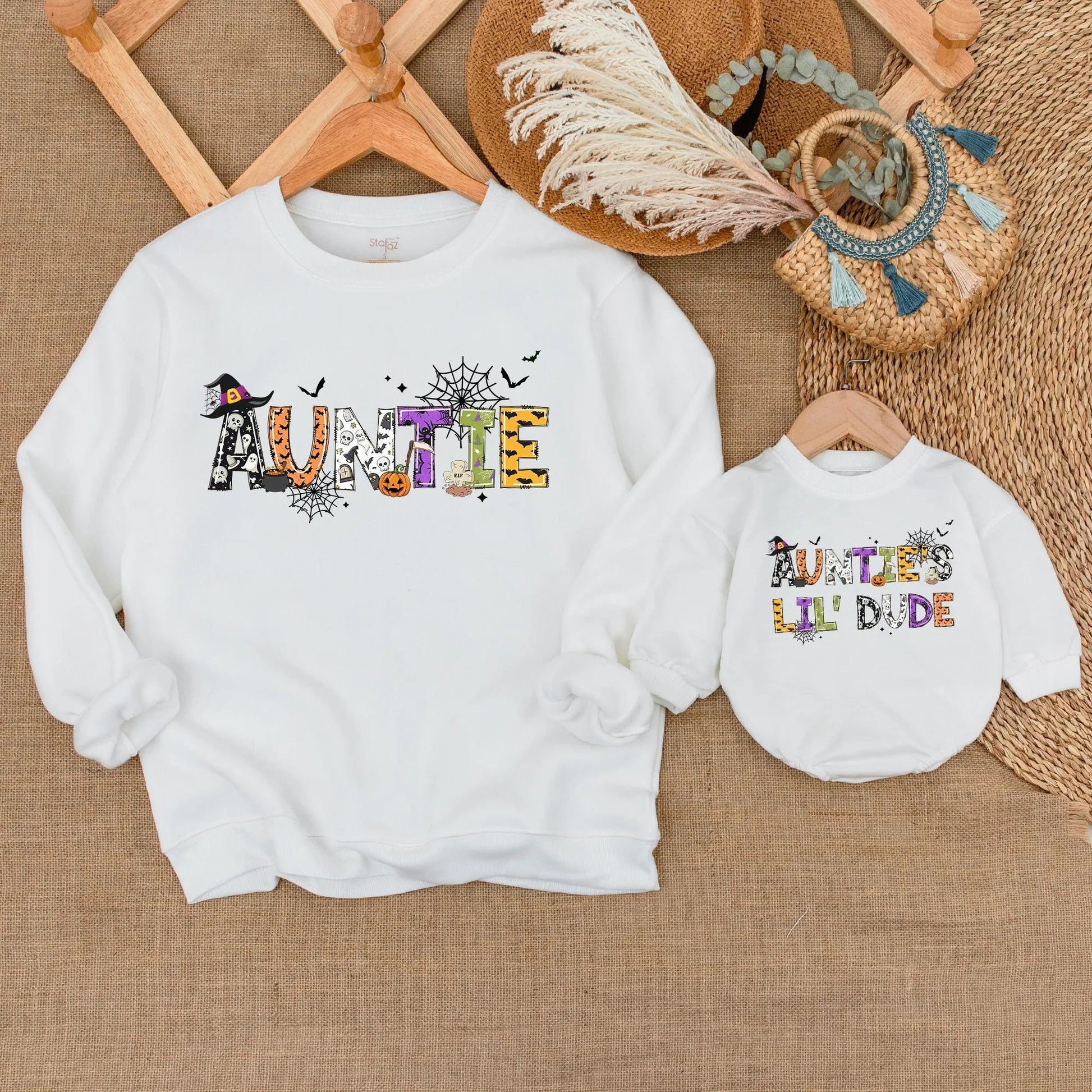Personalized Auntie & Lil' Dude Matching Halloween Sweatshirts Fun Festive Spooky Family Fall Outfit Set with Playful Pumpkin Ghost Designs