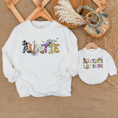 Personalized Auntie & Lil' Dude Matching Halloween Sweatshirts Fun Festive Spooky Family Fall Outfit Set with Playful Pumpkin Ghost Designs