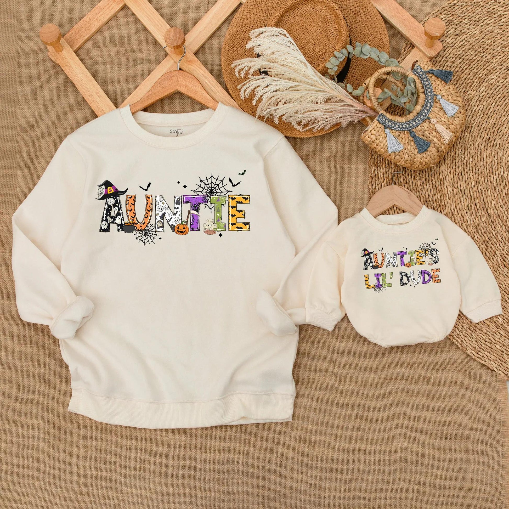 Personalized Auntie & Lil' Dude Matching Halloween Sweatshirts Fun Festive Spooky Family Fall Outfit Set with Playful Pumpkin Ghost Designs