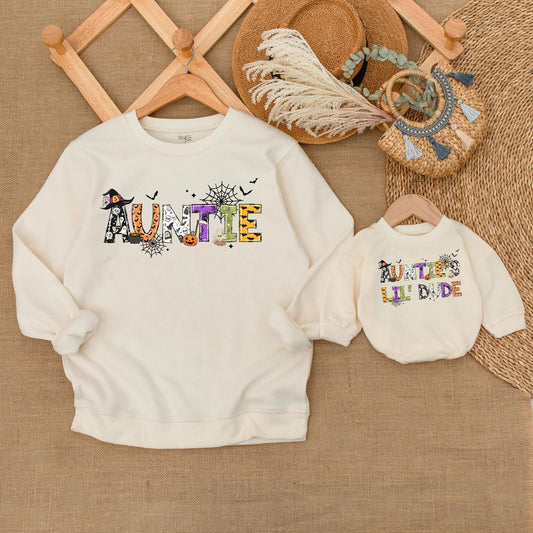 Personalized Auntie & Lil' Dude Matching Halloween Sweatshirts Fun Festive Spooky Family Fall Outfit Set with Playful Pumpkin Ghost Designs