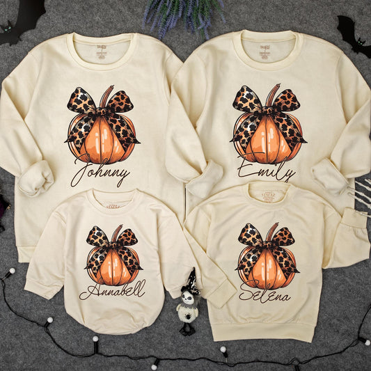 Personalized Leopard Bow Pumpkin Romper, Baby Girl Fall Outfit, Custom Name Thanksgiving Outfit, Cute Toddler Pumpkin Patch Outfit, Autumn Sweatshirt