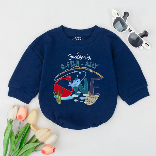 Personalized O-Fish-Ally One Romper, Long Sleeve Ocean Birthday Outfit, Custom Baby Name, Adorable Fish Design, Cute Infant Clothes, Baby Shower Gift 138 chars