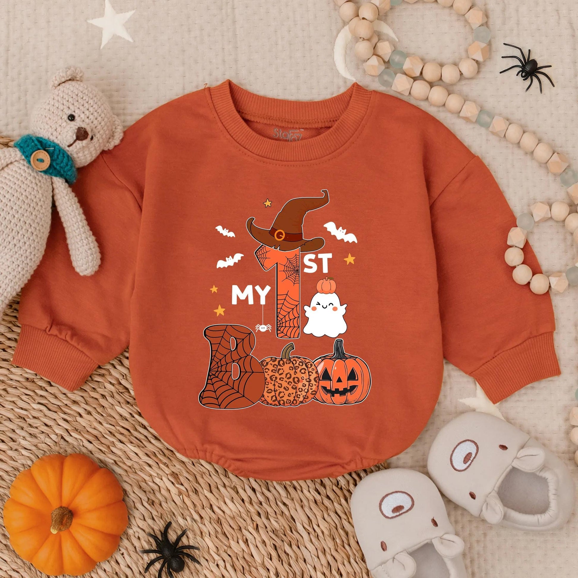 My 1st Boo Ghost Romper, Cute Baby Halloween Costume, Witch Hat One, Bat Stars Bodysuit, Adorable Fall Outfit, Orange Web Pumpkin Bubble Romper 137