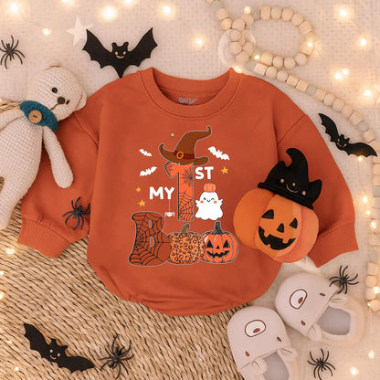 My 1st Boo Ghost Romper, Cute Baby Halloween Costume, Witch Hat One, Bat Stars Bodysuit, Adorable Fall Outfit, Orange Web Pumpkin Bubble Romper 137