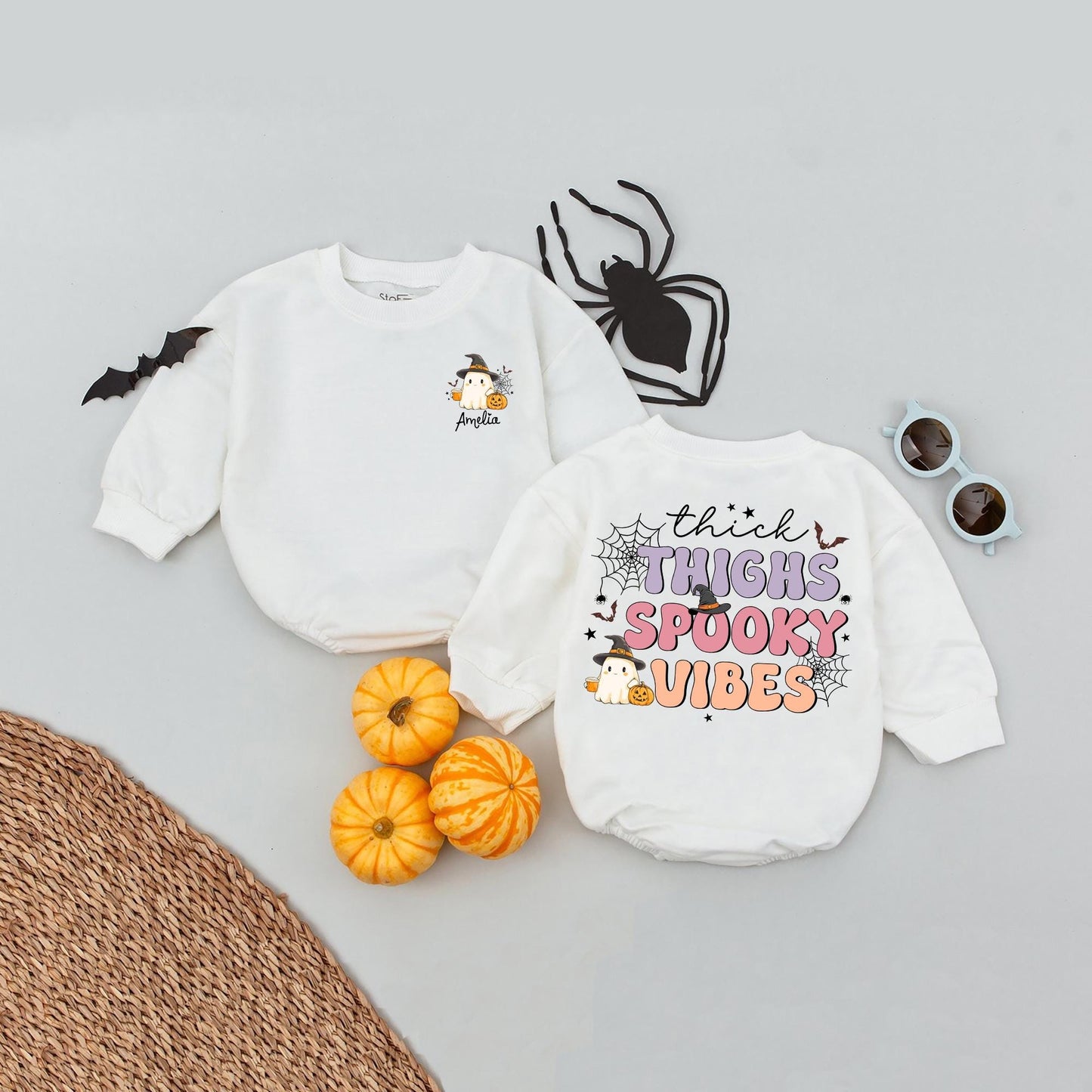 Custom First Halloween Baby Romper Thick Thighs Spooky Vibes Outfit with Ghost Witch Hat & Pumpkin, Personalized Bubble Bodysuit Fall Baby Clothes