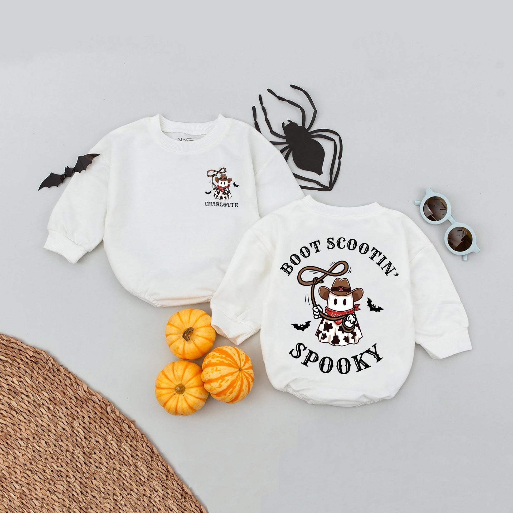 Personalized Name Cowboy Ghost Halloween Baby Romper with Boot Scootin' Spooky Western Design and Bat Silhouettes Bubble Bodysuit First Halloween