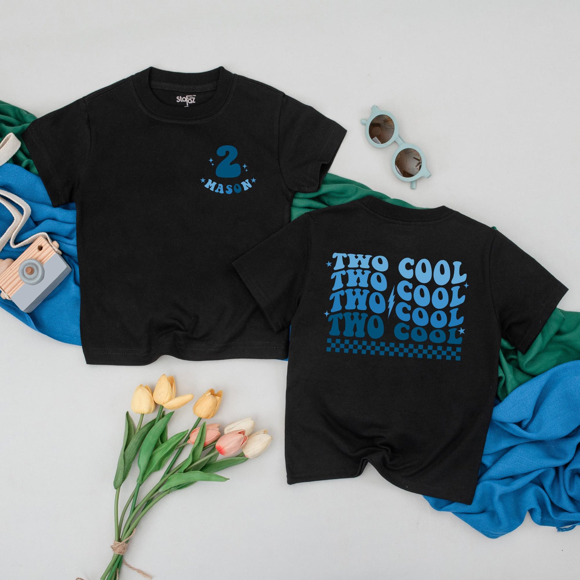 Two Cool 2nd Birthday Boy Shirt, Retro Blue Design Toddler Tee, Personalized Birthday Outfit, Two Years Old Boy Gift