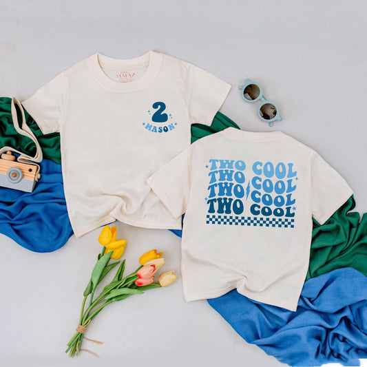Two Cool 2nd Birthday Boy Shirt, Retro Blue Design Toddler Tee, Personalized Birthday Outfit, Two Years Old Boy Gift