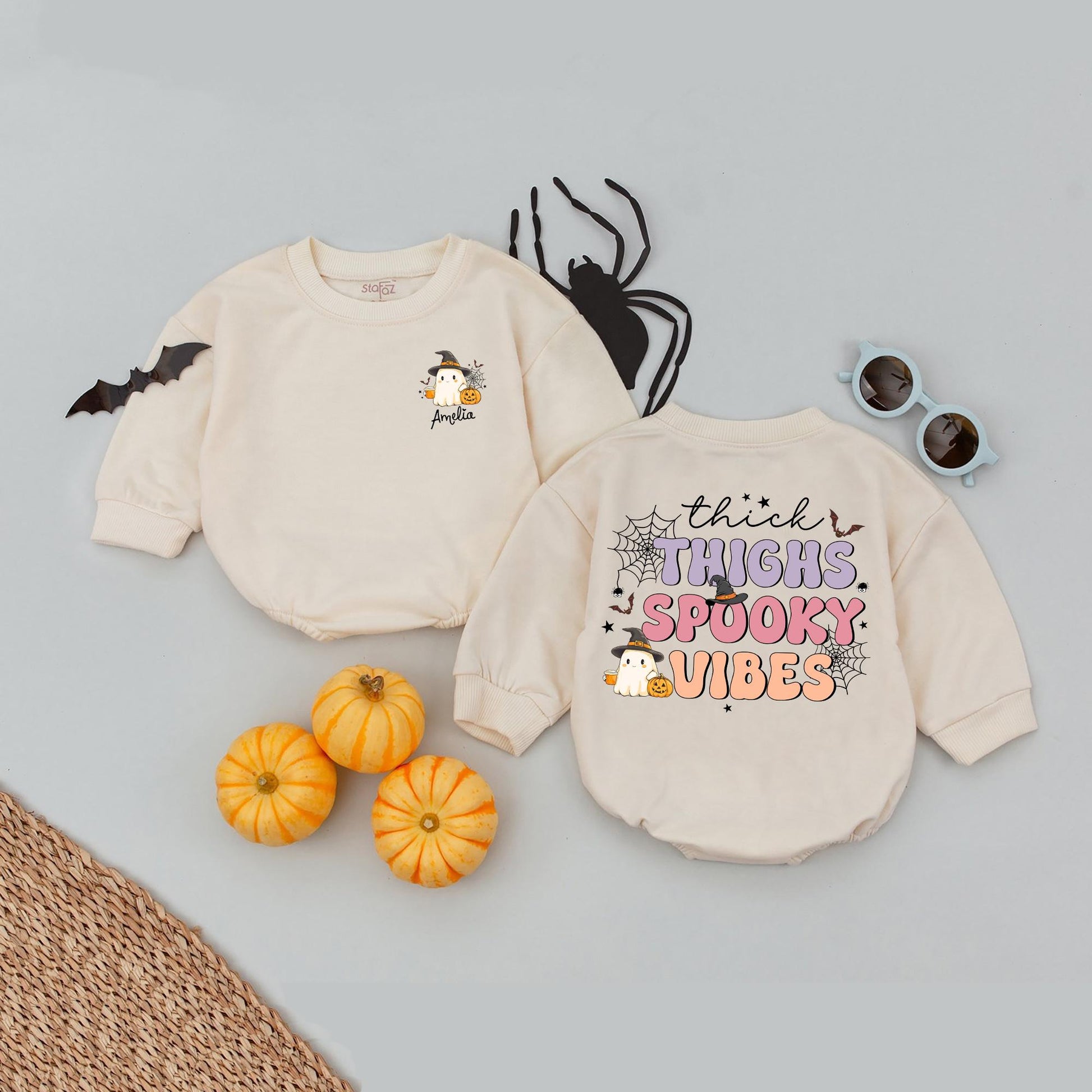 Custom First Halloween Baby Romper Thick Thighs Spooky Vibes Outfit with Ghost Witch Hat & Pumpkin, Personalized Bubble Bodysuit Fall Baby Clothes