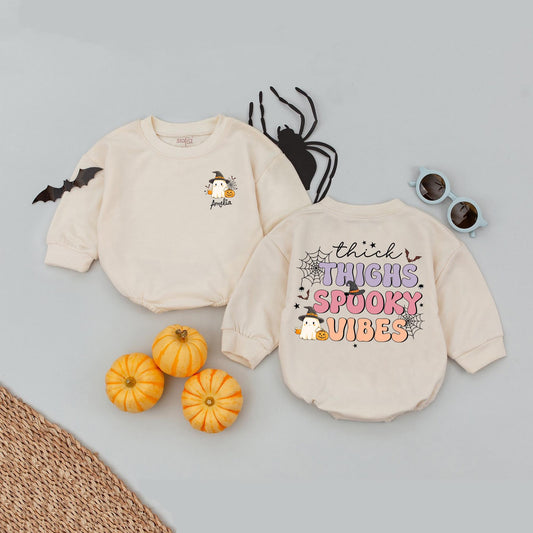 Custom First Halloween Baby Romper Thick Thighs Spooky Vibes Outfit with Ghost Witch Hat & Pumpkin, Personalized Bubble Bodysuit Fall Baby Clothes