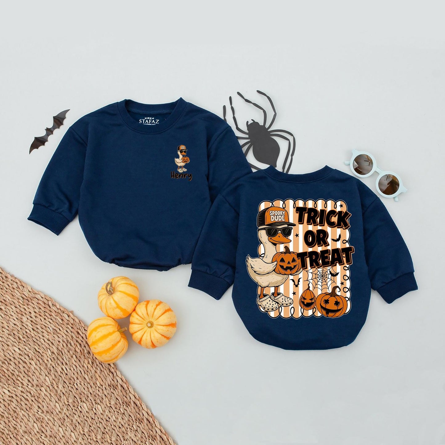 Funny Goose Trick or Treat Romper with Sunglasses Spooky Dude Baseball Cap Halloween Pumpkin Bats Stars Spiderwebs Baby Clothes