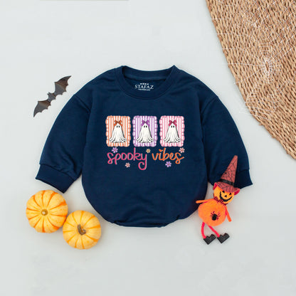 Spooky Vibes Ghost Bubble Romper Cute Pastel Halloween Baby Girl Outfit Retro Ghost Design with Bows for Fall Occasions Toddler