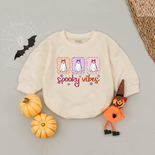 Spooky Vibes Ghost Bubble Romper Cute Pastel Halloween Baby Girl Outfit Retro Ghost Design with Bows for Fall Occasions Toddler