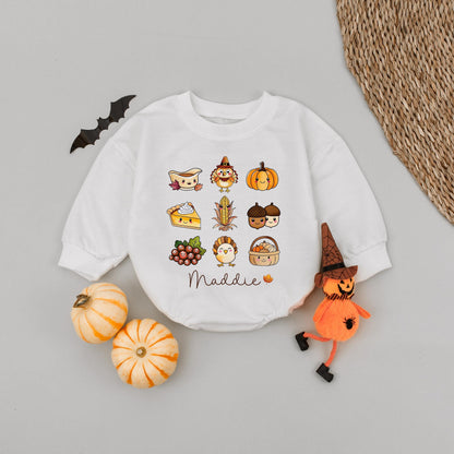 Custom Maddie's First Thanksgiving Baby Bubble Romper Cute Pumpkin Patch Outfit, Personalized Fall Harvest Bodysuit Autumn Newborn Gift, 130-140 chars