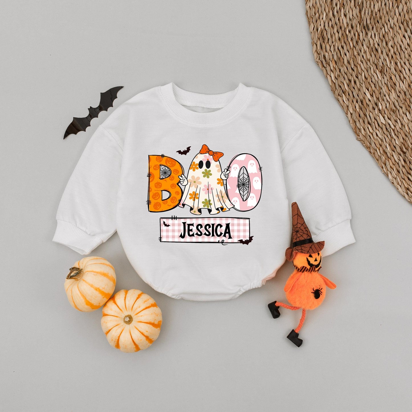 Personalized Boo Ghost Romper for Baby Girl, Custom Name Halloween Outfit with Pumpkins, Gingham & Floral Ghost, Spooky Cute First Halloween Gift, Fall 139
