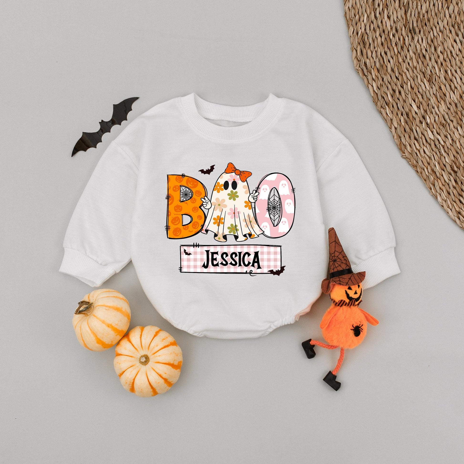 Personalized Boo Ghost Romper for Baby Girl, Custom Name Halloween Outfit with Pumpkins, Gingham & Floral Ghost, Spooky Cute First Halloween Gift, Fall 139