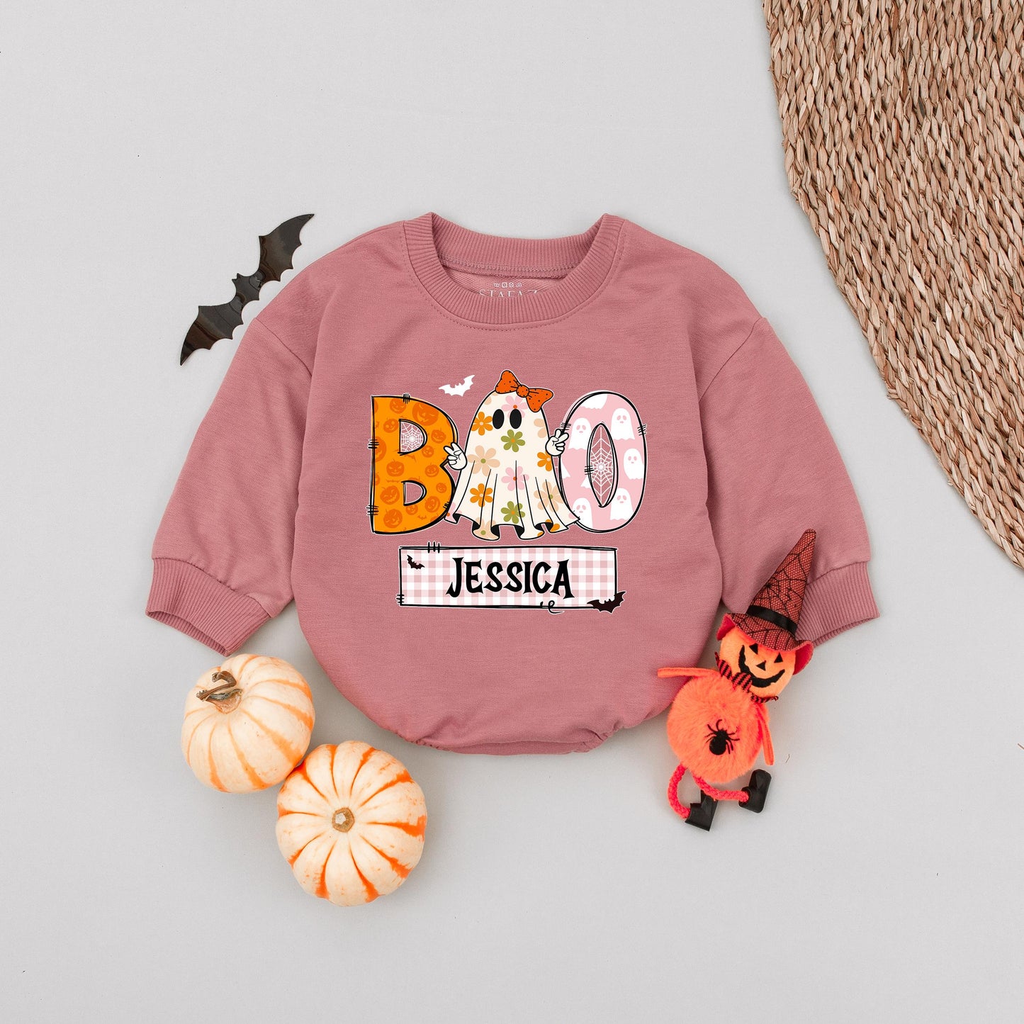 Personalized Boo Ghost Romper for Baby Girl, Custom Name Halloween Outfit with Pumpkins, Gingham & Floral Ghost, Spooky Cute First Halloween Gift, Fall 139