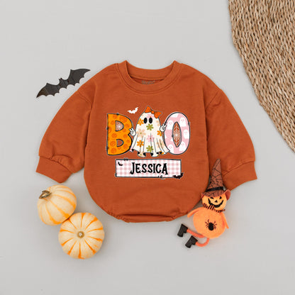 Personalized Boo Ghost Romper for Baby Girl, Custom Name Halloween Outfit with Pumpkins, Gingham & Floral Ghost, Spooky Cute First Halloween Gift, Fall 139