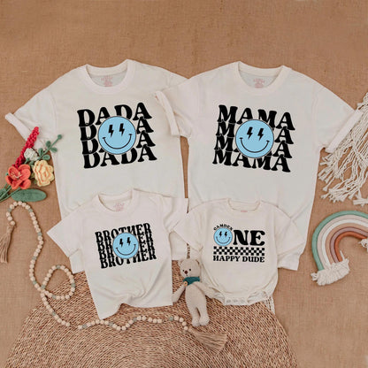 Happy Dude Birthday Family Shirt Blue Smiley Face Custom Camden Boy Outfit Modern Retro Celebration Gift