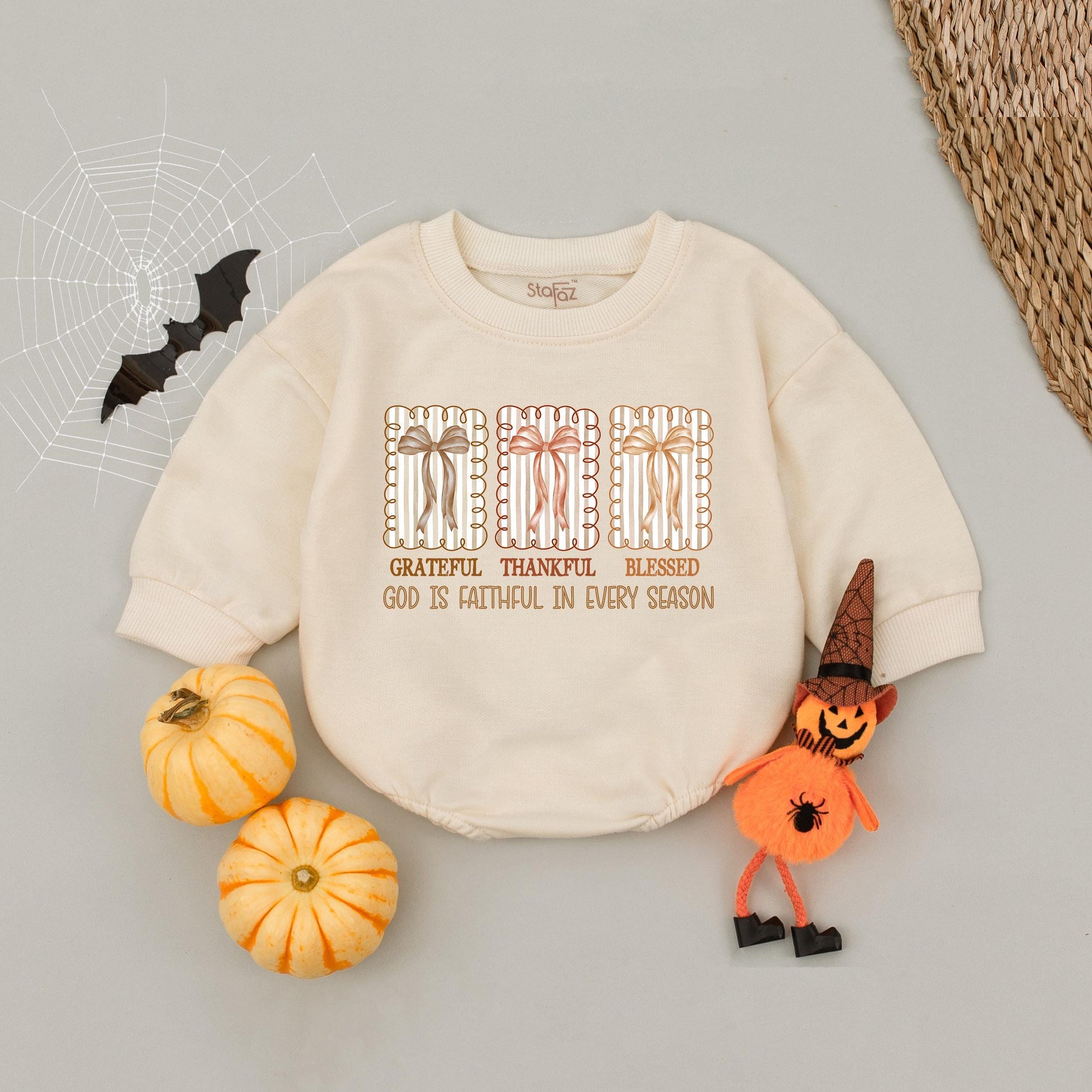 Grateful Thankful Blessed Baby Girl Romper, Fall Bows Autumn Babysuit, Faith Based Thanksgiving Outfit, Religious Fall Baby Clothes
