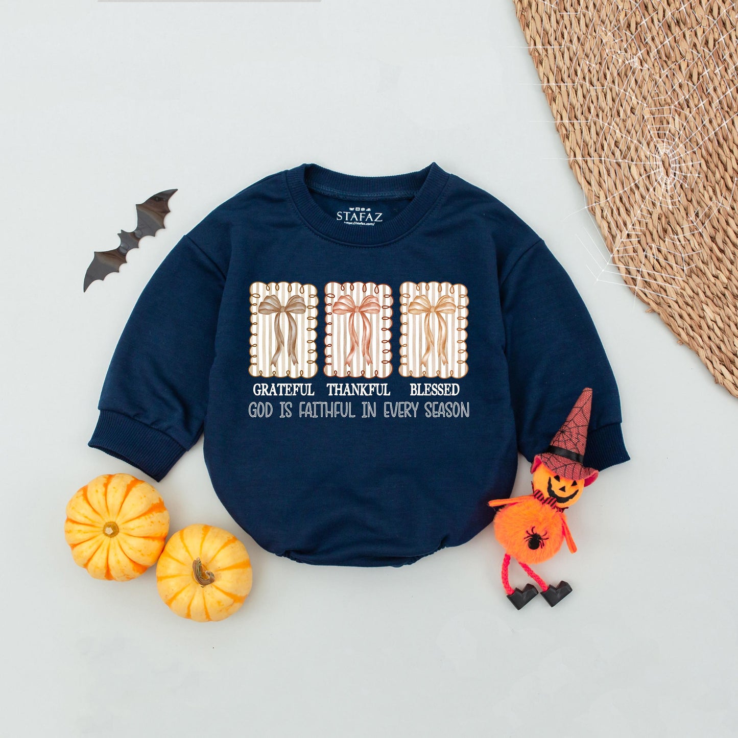 Grateful Thankful Blessed Baby Girl Romper, Fall Bows Autumn Babysuit, Faith Based Thanksgiving Outfit, Religious Fall Baby Clothes