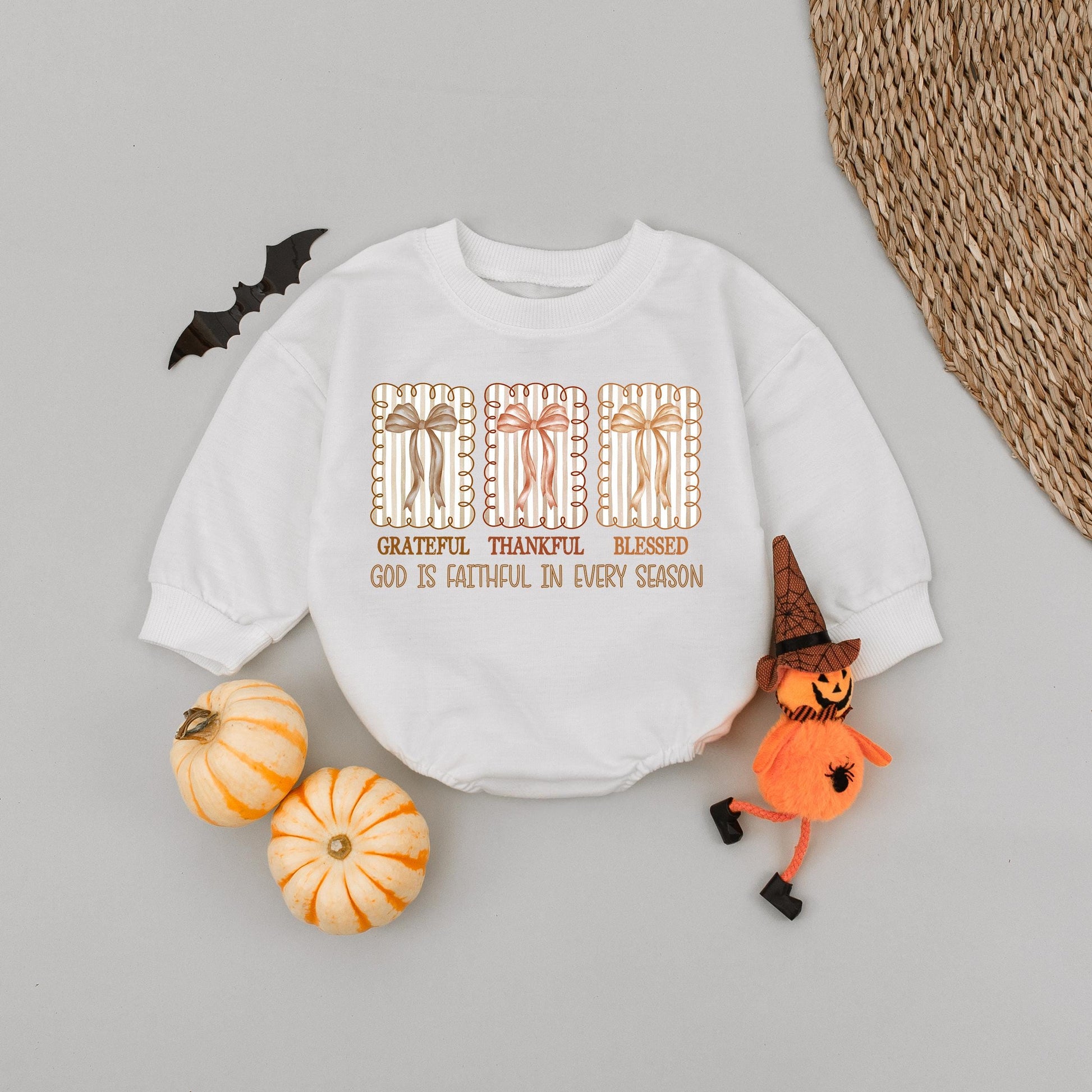 Grateful Thankful Blessed Baby Girl Romper, Fall Bows Autumn Babysuit, Faith Based Thanksgiving Outfit, Religious Fall Baby Clothes