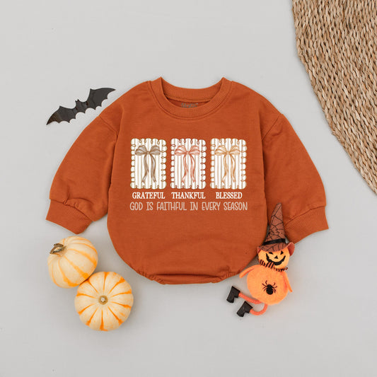 Grateful Thankful Blessed Baby Girl Romper, Fall Bows Autumn Babysuit, Faith Based Thanksgiving Outfit, Religious Fall Baby Clothes