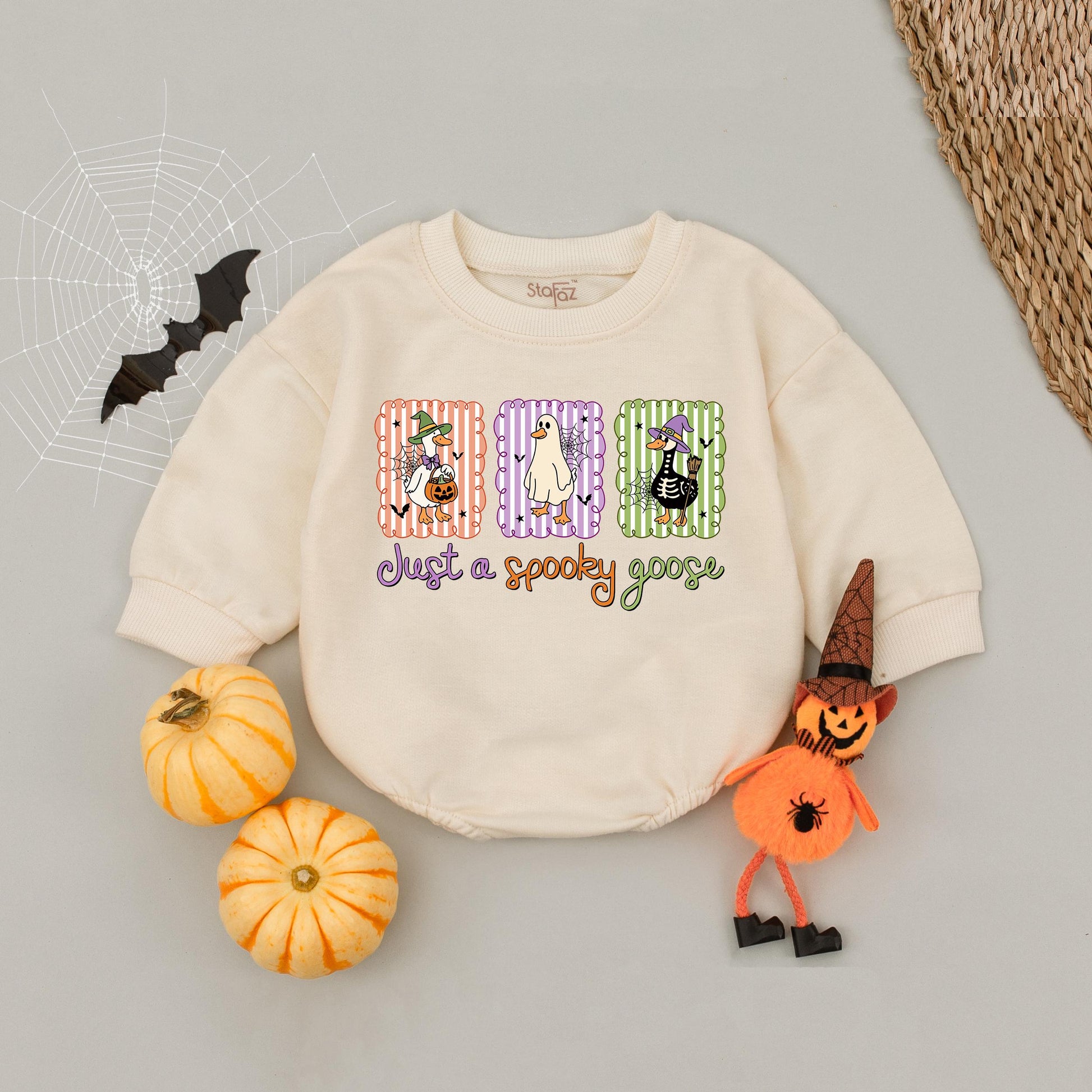Just a Spooky Goose Bubble Romper Cute Cartoon Halloween Baby Outfit Funny Trick or Treat Goose with Pumpkin Design First Halloween Essential