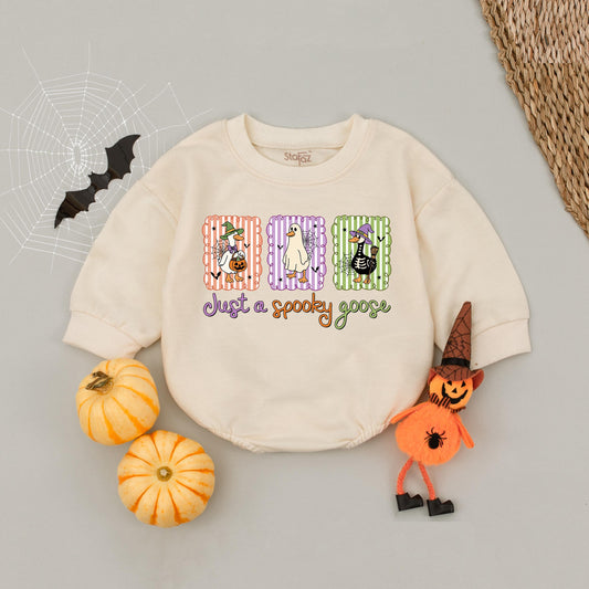 Just a Spooky Goose Bubble Romper Cute Cartoon Halloween Baby Outfit Funny Trick or Treat Goose with Pumpkin Design First Halloween Essential