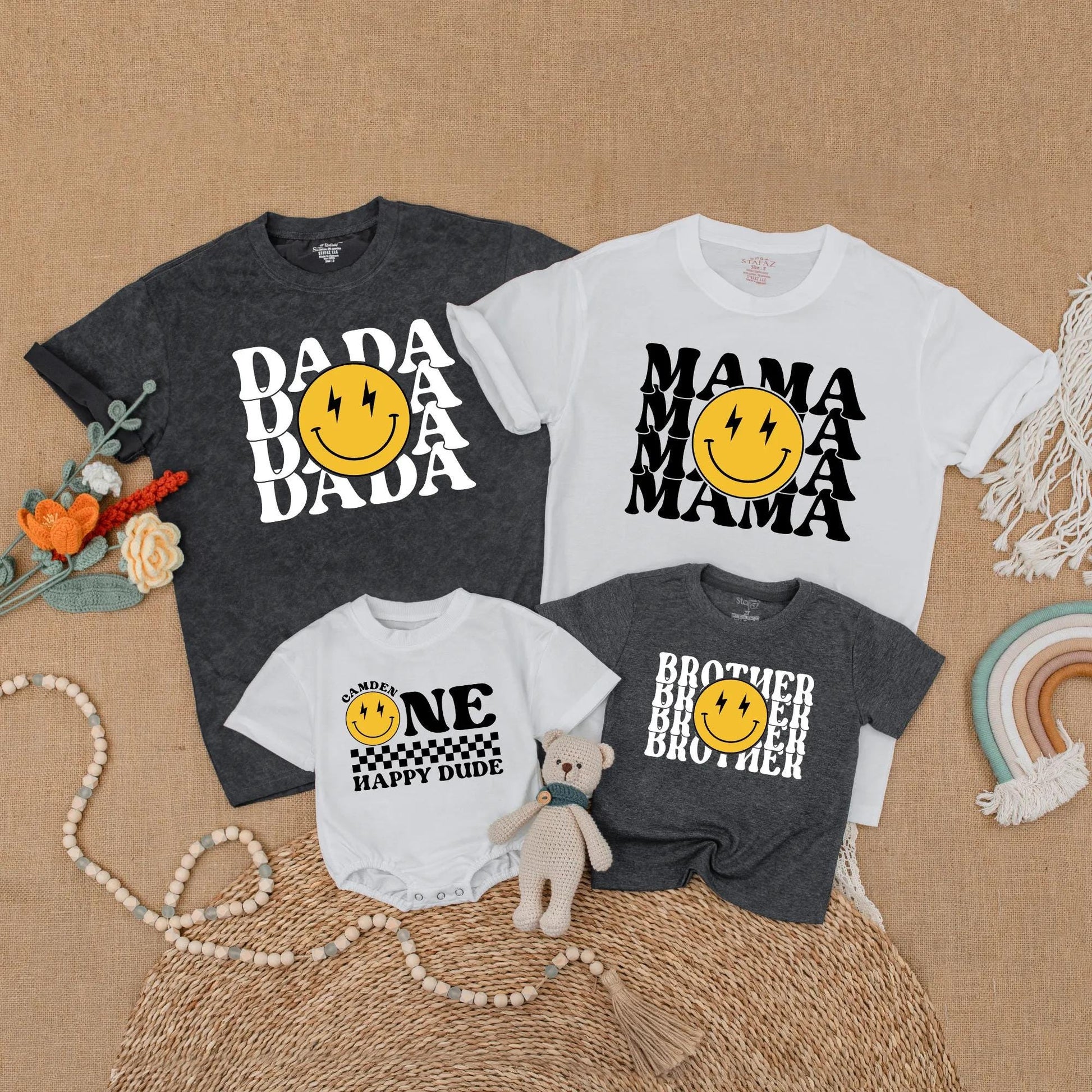 One Happy Dude 1st Birthday Outfit Matching Family Shirts Smiley Face Lightning Bolt Baby Boy Clothes Retro First Birthday Party Gift Idea 125 chars