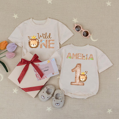 Personalized Wild One Safari Romper for Baby's 1st Birthday, Woodland Animals Theme, Custom Name Bodysuit, Cute Boy or Girl Outfit