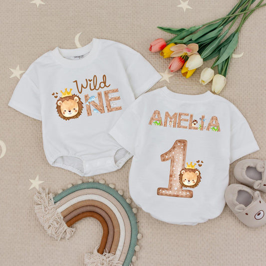 Personalized Wild One Safari Romper for Baby's 1st Birthday, Woodland Animals Theme, Custom Name Bodysuit, Cute Boy or Girl Outfit