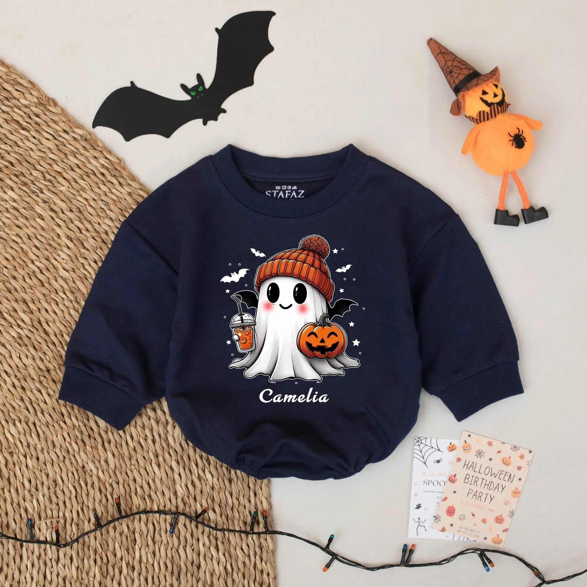 Personalized Cute Ghost Halloween Baby Romper Outfit Spooky Season Infant Costume Boy Girl Name