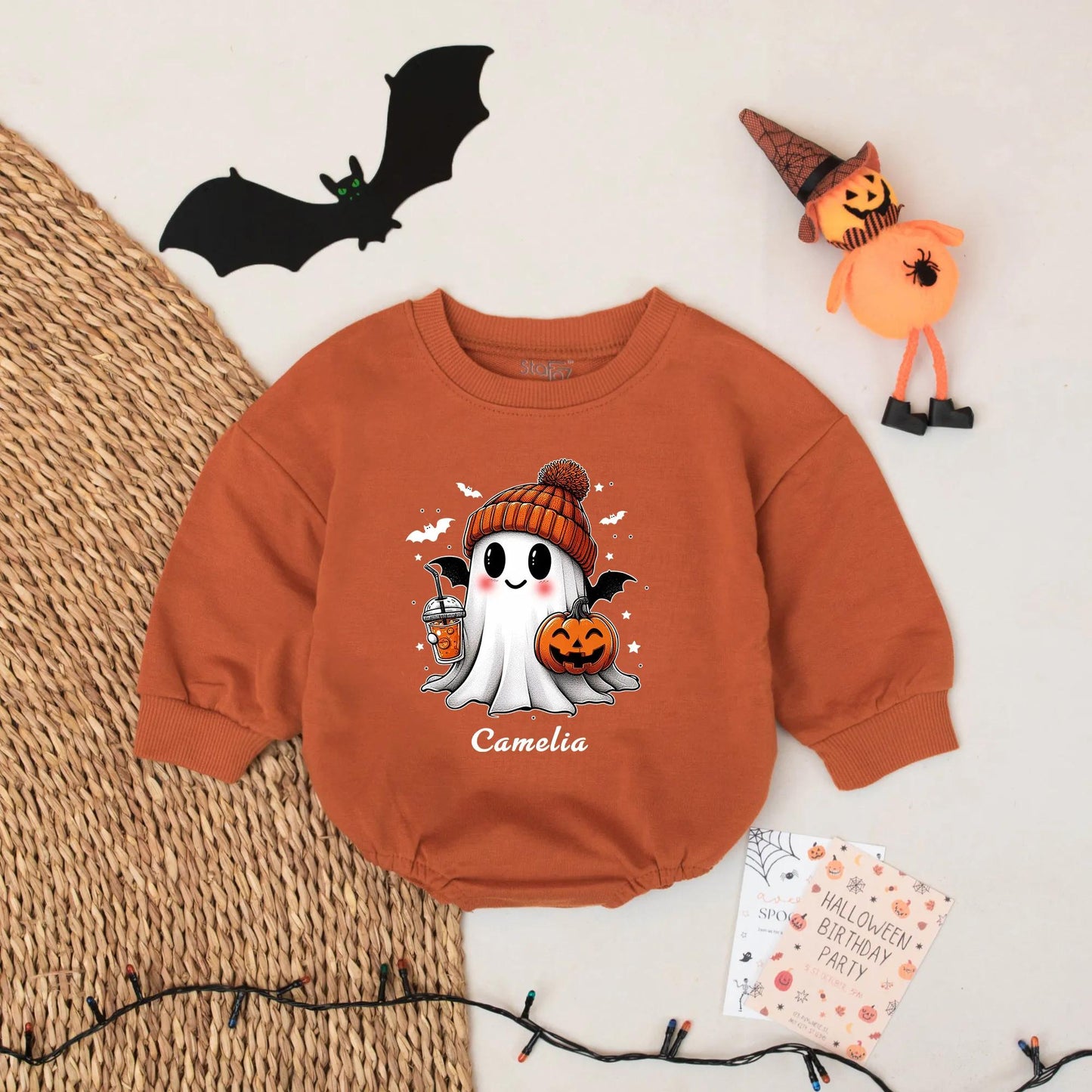 Personalized Cute Ghost Halloween Baby Romper Outfit Spooky Season Infant Costume Boy Girl Name